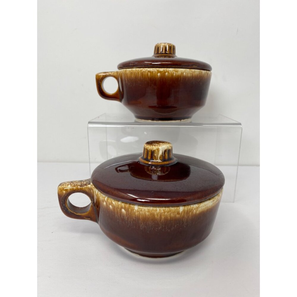 Set of 2 Vintage Hull Oven Proof USA With Handle and Lid Brown Drip Glaze 8 Oz - Picture 2 of 13